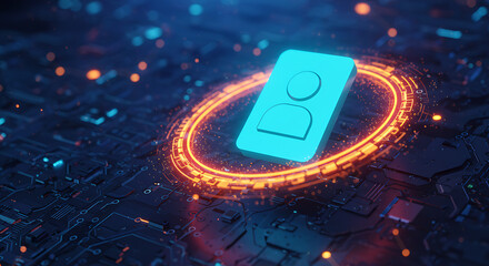 Digital Identity and Security: A captivating close-up showcases a digitally rendered ID card, pulsing with vibrant energy, symbolizing access, data protection and security in a digital realm.
