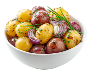 Delicious bowl of roasted baby potatoes with red onion and chives on transparent background