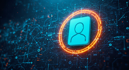 Digital Identity: An illuminated digital representation of a person within a glowing circular frame against a futuristic circuit board.