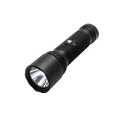 Sleek black flashlight casting bright light beam on transparent background