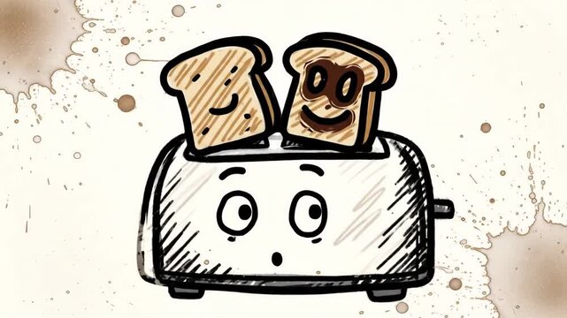 Animated toaster with bread having a surprised expression