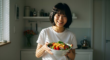 Retrato fotográfico de mujer sonriente con comida sentada contra fondo blanco
