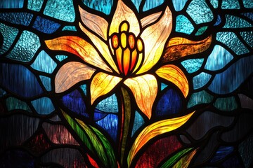 A vibrant stained glass artwork depicting a luminous lily flower in a myriad of colors.