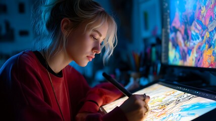 teen girl using a digital drawing tablet, focused expression, colorful digital artwork visible on screen, modern creative workspace, digital art hobby photography 