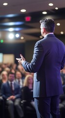 Business Speaker Addressing Audience at Conference in Dark Suit Under Bright Stage Lights