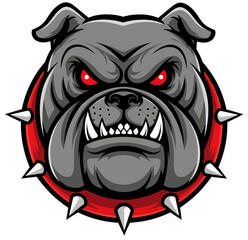 Cartoon illustration of an angry bulldog head with red glowing eyes, wearing a red spiked collar, isolated on a white background.