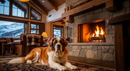 Saint Bernard Dog Relaxing by Stone Fireplace in Cozy Mountain Cabin