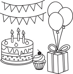 lack and White Birthday Party Line Art Illustration with Cake, Balloons, Gift and Decorations

