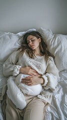 Brunette woman wearing a knit sweater while sleeping in bed clutching her stomach looking pained