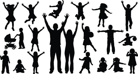 Silhouettes of children and adults playing, jumping, celebrating, family bonding moment, happiness theme, joyful vector art, active lifestyle illustration