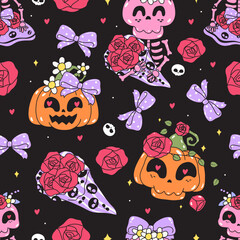 seamless pattern of pink Halloween skeletons adorned with coquette bows and delicate flowers. vector illustration.