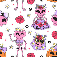 seamless pattern of pink Halloween skeletons adorned with coquette bows and delicate flowers. vector illustration.