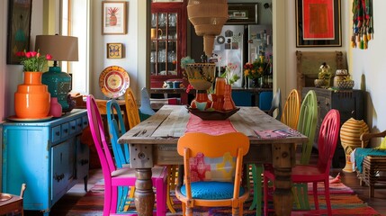 An eclectic dining room with a mix of colorful chairs around a wooden table, adorned with a vibrant table runner and eclectic centerpieces.