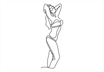 Contour line art of a woman in a bikini posing.  line icon-continuous line drawing. Editable stroke. 
