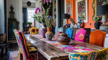 An eclectic dining room with a mix of colorful chairs around a wooden table, adorned with a vibrant table runner and eclectic centerpieces.