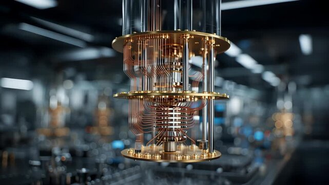 A state-of-the-art quantum computer with its complex cryogenic CPU in a pristine research and development laboratory.