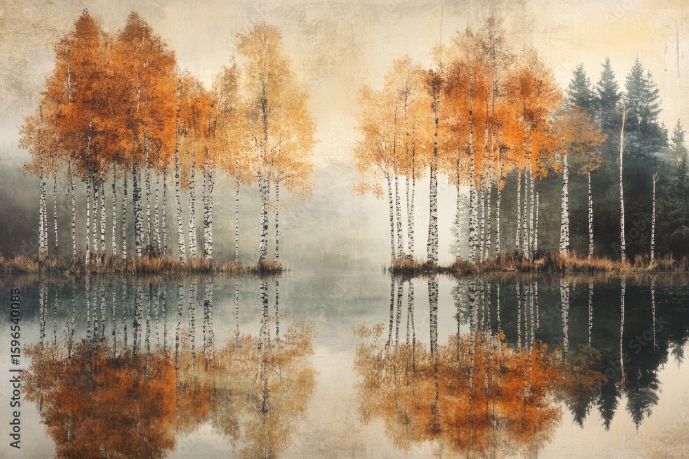 Poster serene autumnal landscape with golden birch trees reflected in a calm lake, creating a mirror-like e