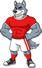 Powerful grey wolf mascot, muscular physique, red soccer jersey, confident pose.
