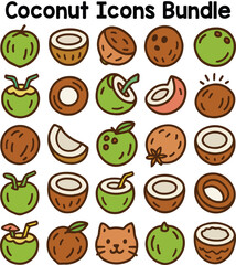 Set of Colorful coconut icons. Doodle style icon vector bundle