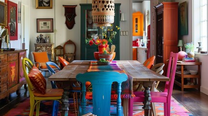 An eclectic dining room with a mix of colorful chairs around a wooden table, adorned with a vibrant table runner and eclectic centerpieces.