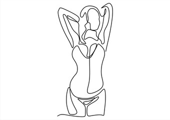 woman in a swimsuit, arms raised behind her head.  line icon-continuous line drawing. Editable stroke. 
