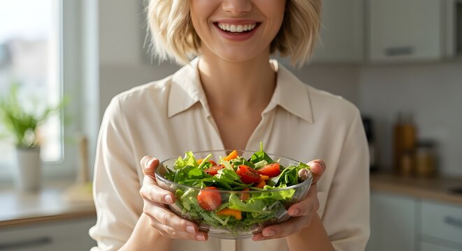 Primer plano de una mujer sonriente comiendo ensalada fresca y saludable