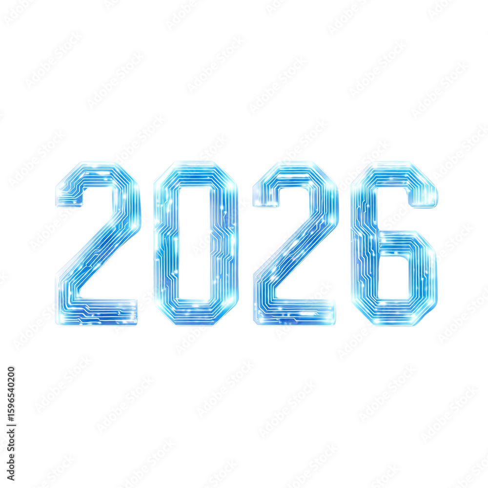 Aufkleber futuristic digit design featuring number 2026 with circuit board patterns in bright blue and white c
