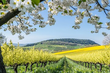 Blossoming Tree Overlooking Vineyard Rows and Yellow Canola Field in Springtime Landscape