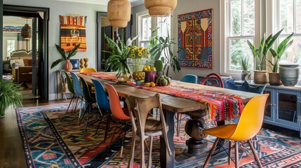 An eclectic dining room with a mix of colorful chairs around a wooden table, adorned with a vibrant table runner and eclectic centerpieces.
