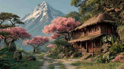 A picturesque mountain village with a traditional wooden house.