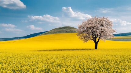 Blooming Tree Standing in Vibrant Yellow Canola Field Under Blue Sky with Clouds