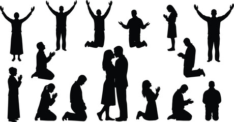 Spiritual silhouette pose illustration, worship and prayer figures, emotional connection, faith and love, religious unity, devotion, vector artwork, black design