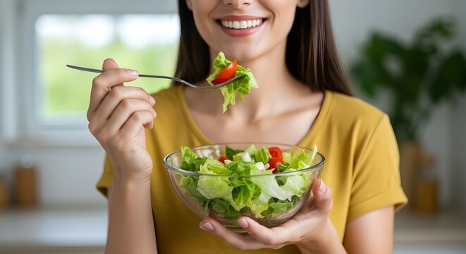 Foto hermosa joven asi&aacute;tica para comer ensalada.