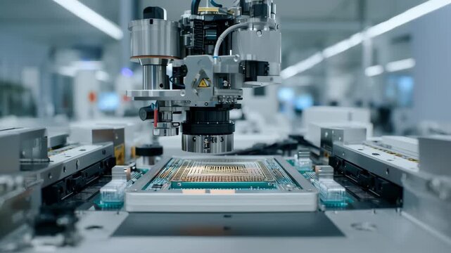 A robotic arm placing a silicon wafer into manufacturing equipment in a state-of-the-art semiconductor fabrication plant.