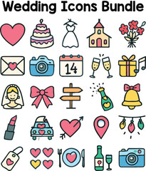 Set of Colorful wedding icons. Doodle style icon vector bundle
