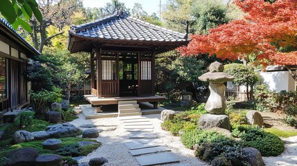 Fototapeta premium Serene Japanese garden with a wooden pavilion, stone lanterns, meticulously raked gravel, and vibrant autumn foliage