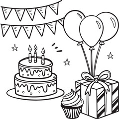 Black and White Birthday Party Line Art Illustration with Cake, Balloons, Gift and Decorations