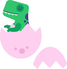 Green baby dinosaur emerging from a pink egg, showcasing a surprised expression, perfect for children's illustrations, greeting cards, and playful designs for various occasions