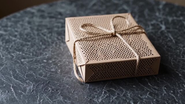 Crafted gift box tied with twine placed on a dark marble table indoors