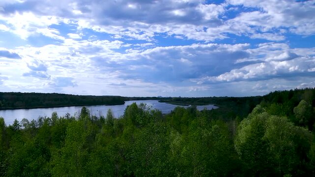 Panorama of the Pripyat River in the Chernobyl zone. Untouched nature and endless forests of the Chernobyl exclusion zone. Ukraine