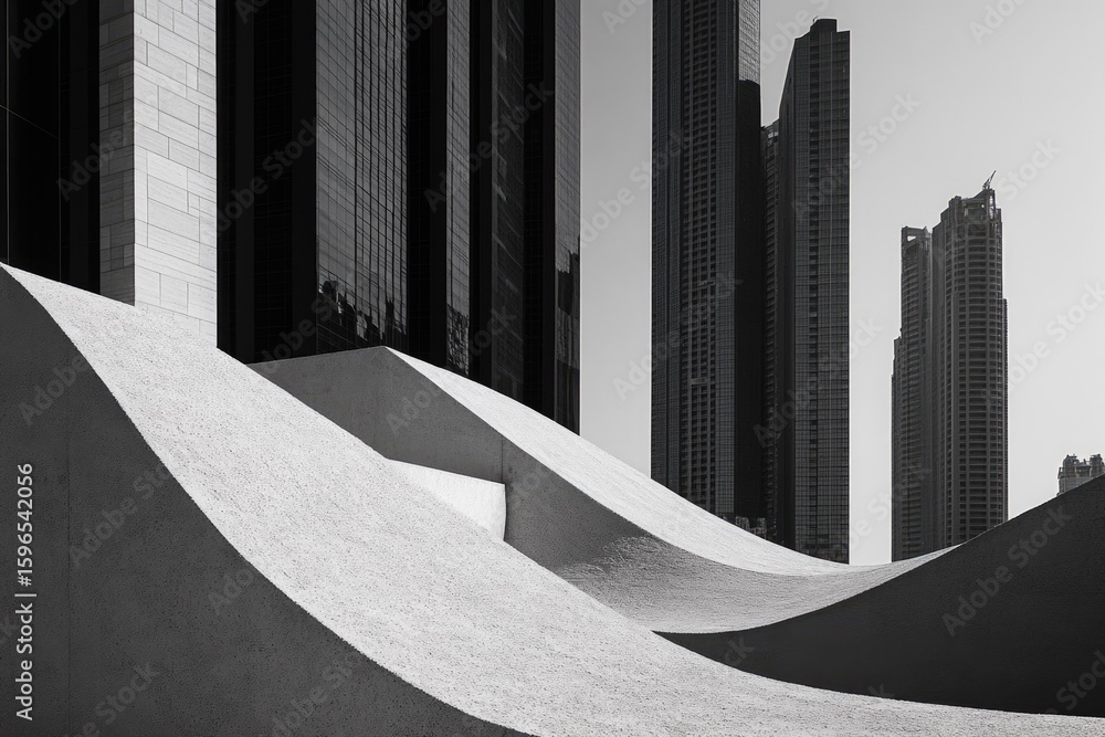 Aufkleber abstract grayscale image showcasing modern architecture; flowing concrete forms contrast with toweri