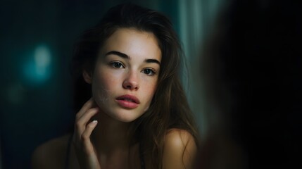 Fototapeta premium A thoughtful teen applying acne cream in front of a mirror