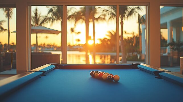 Pool table with sunset view