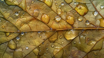 A close-up view of a rain-soaked leaf, with each droplet magnifying the intricate veins and textures of the leaf surface.