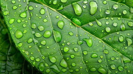 A close-up view of a rain-soaked leaf, with each droplet magnifying the intricate veins and textures of the leaf surface.