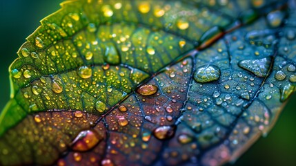 A close-up view of a rain-soaked leaf, with each droplet magnifying the intricate veins and textures of the leaf surface.