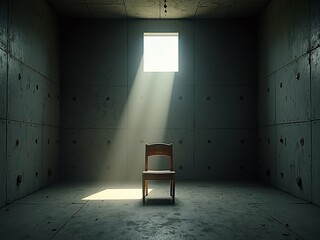 Solitude and isolation concept with single wooden chair in empty concrete room illuminated by dramatic window light