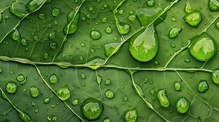 A close-up view of a rain-soaked leaf, with each droplet magnifying the intricate veins and textures of the leaf surface.