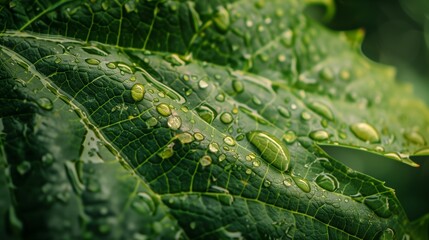 A close-up view of a rain-soaked leaf, with each droplet magnifying the intricate veins and textures of the leaf surface.