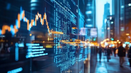 Financial technology visualization with stock market graph overlaid on blurred city street at night, showcasing digital transformation and economic data analytics
